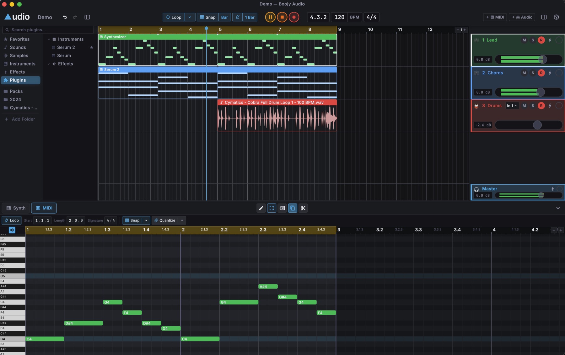 Boojy Audio with a song open: tracks, clips and the piano roll