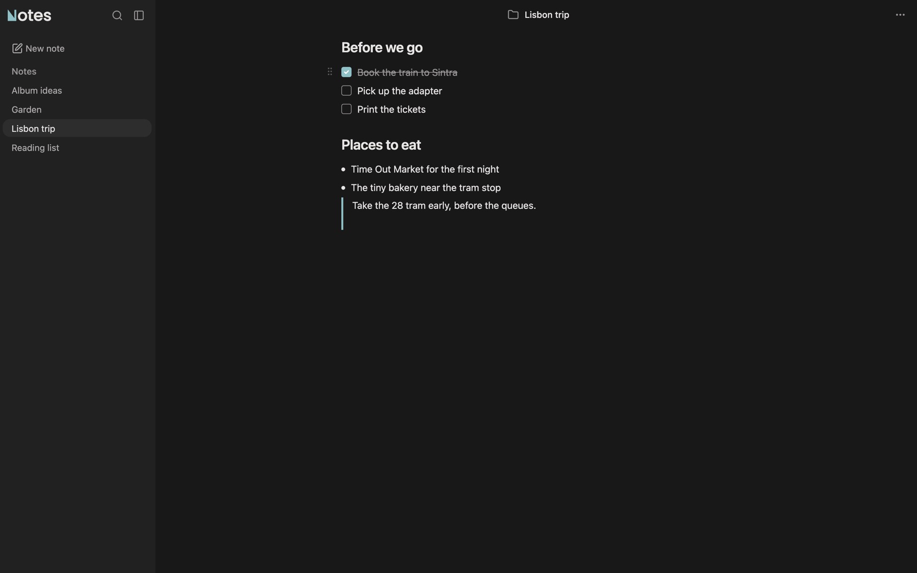 Boojy Notes in dark mode with a trip-planning note open